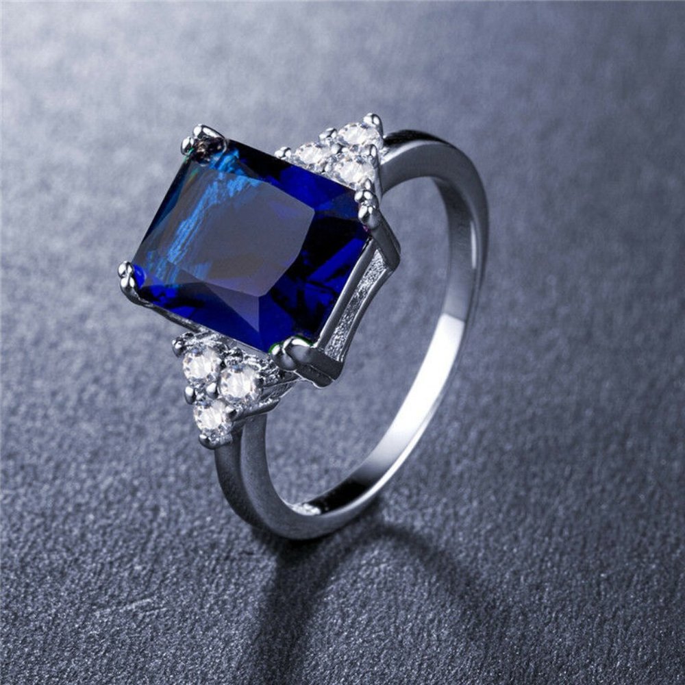 Silver Princess Cut Blue Sapphire Ring